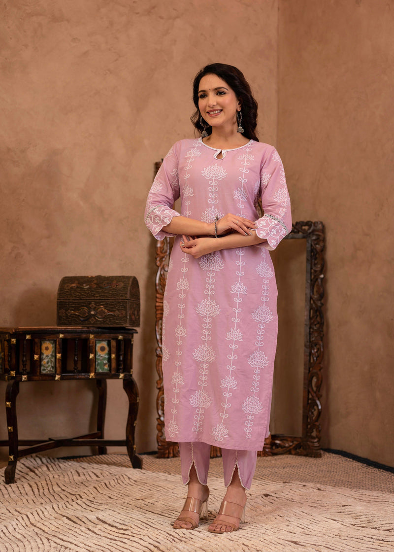 Juniper Lavender Embroidered Cotton Kurta With Palazzo & Cotton Sleeves