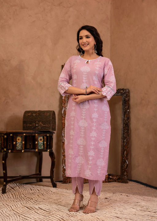 Juniper Lavender Embroidered Cotton Kurta With Palazzo & Cotton Sleeves