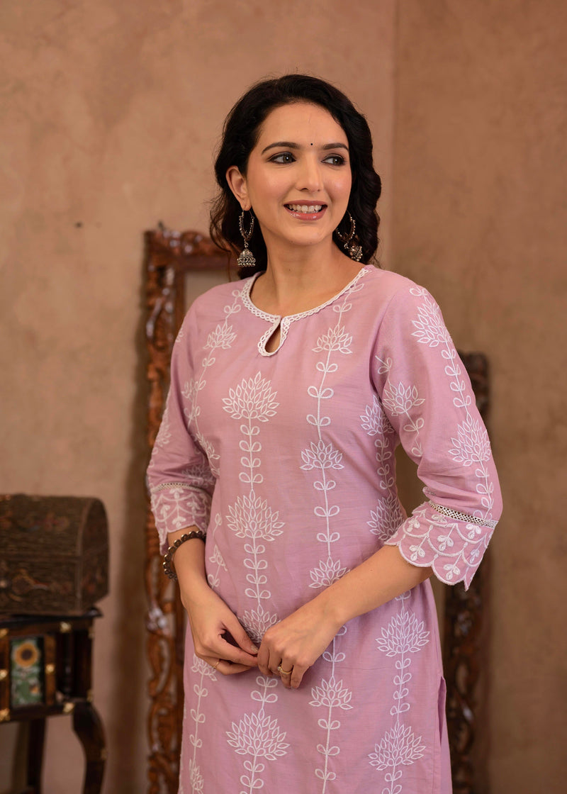 Juniper Lavender Embroidered Cotton Kurta With Palazzo & Cotton Sleeves