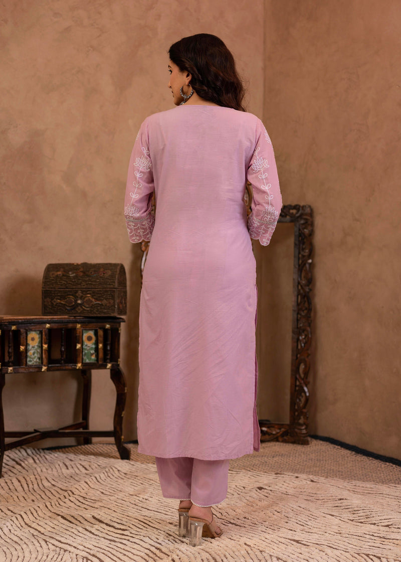 Juniper Lavender Embroidered Cotton Kurta With Palazzo & Cotton Sleeves