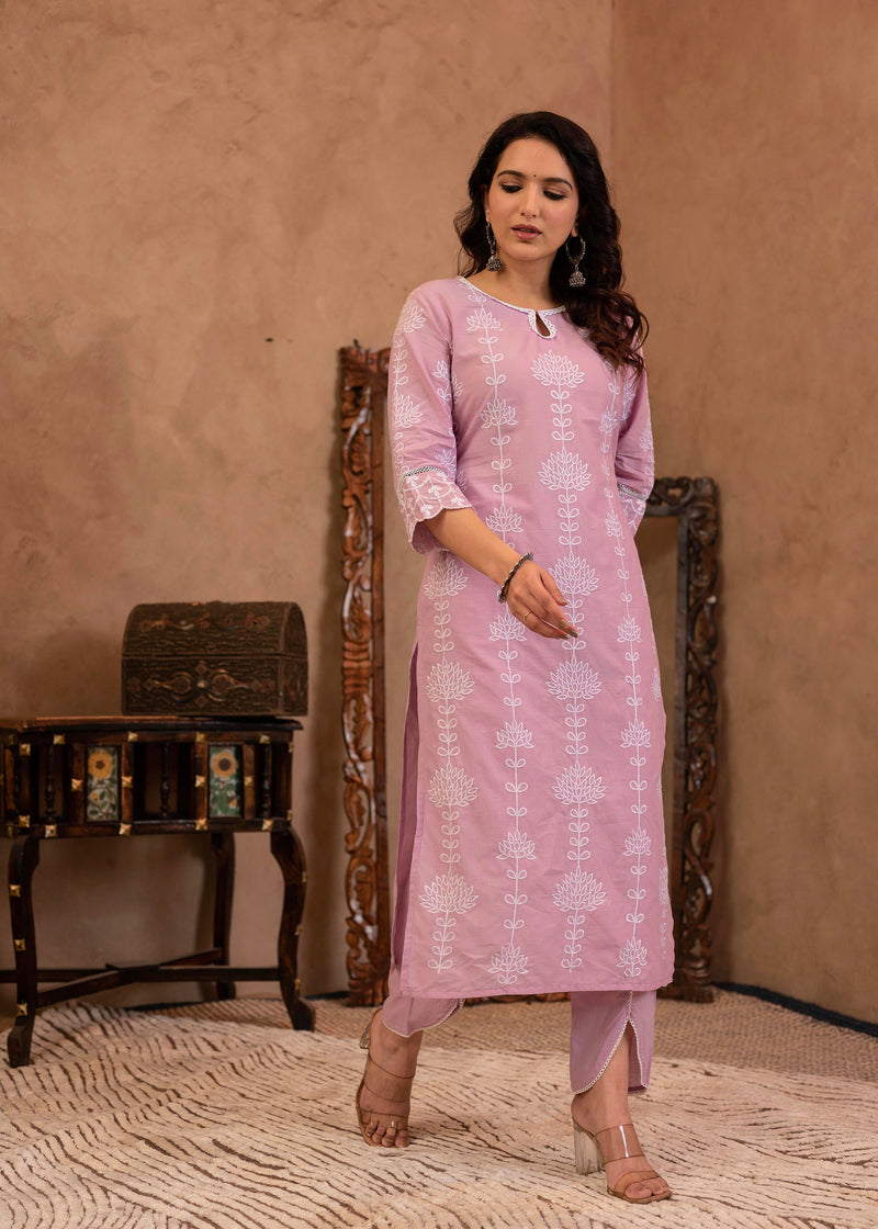 Juniper Lavender Embroidered Cotton Kurta With Palazzo & Cotton Sleeves