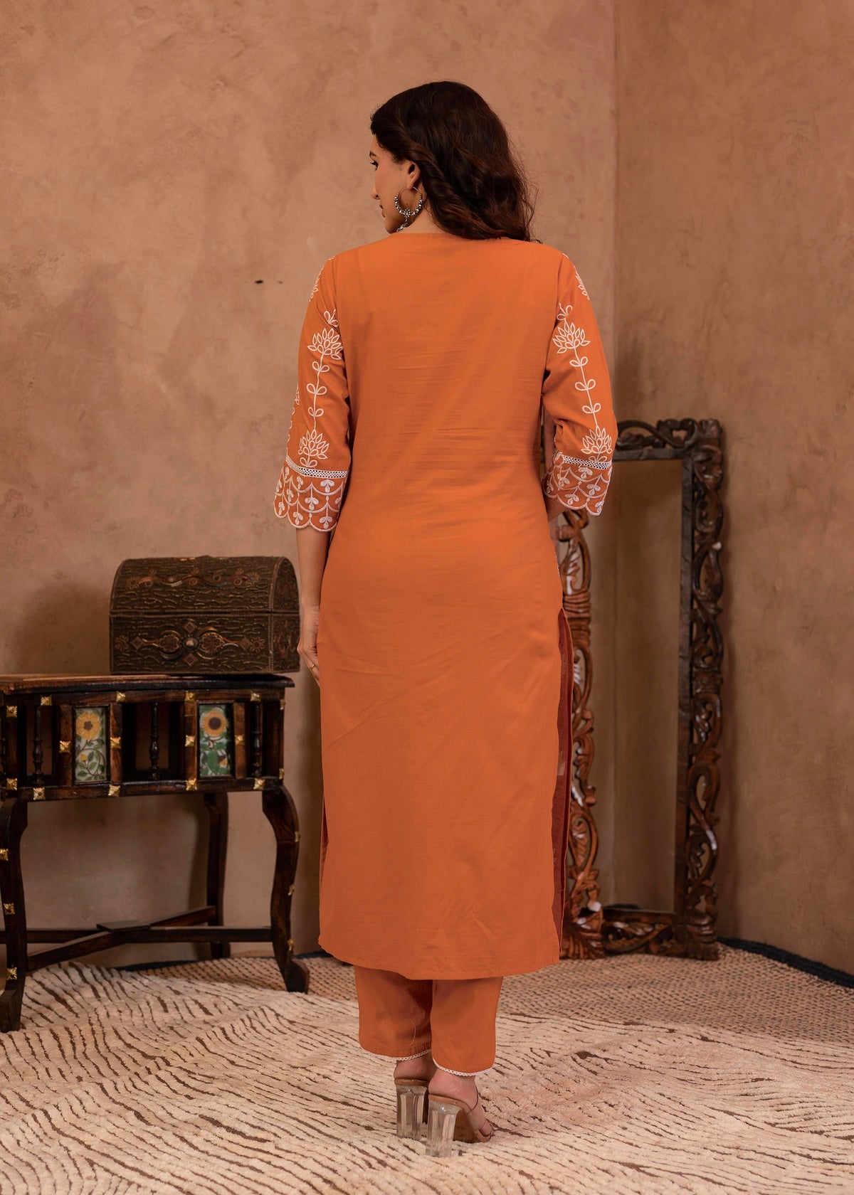Juniper Rust Embroidered Cotton Kurta With Palazzo & Lace Details