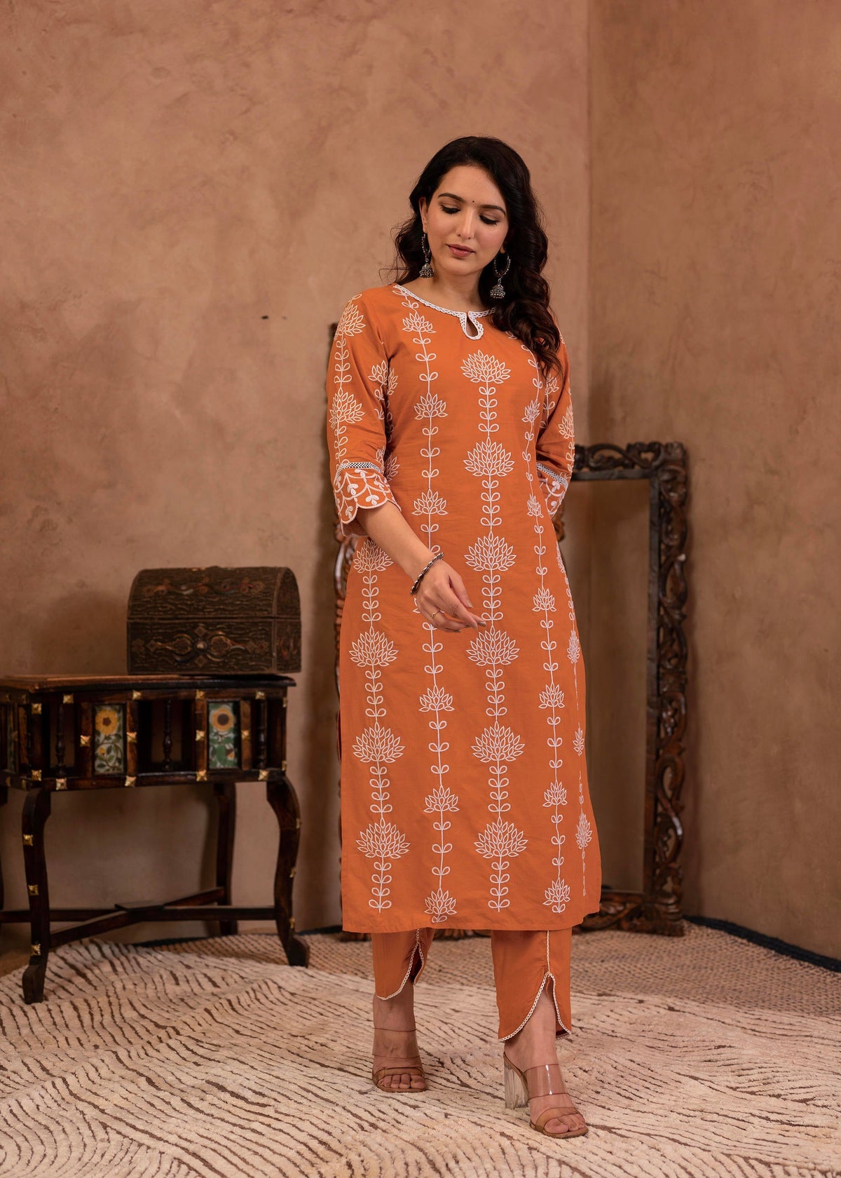 Juniper Rust Embroidered Cotton Kurta With Palazzo & Lace Details