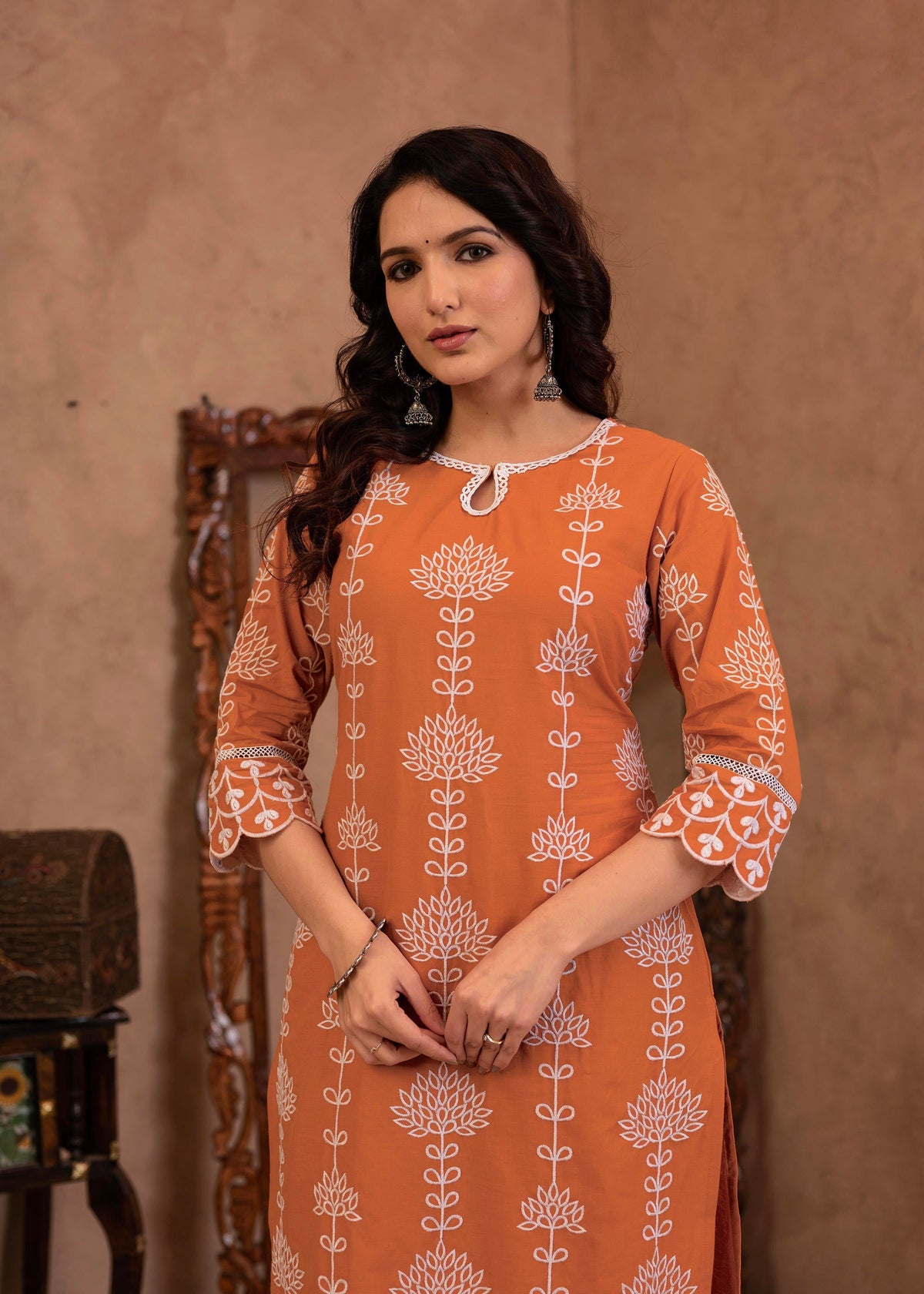 Juniper Rust Embroidered Cotton Kurta With Palazzo & Lace Details