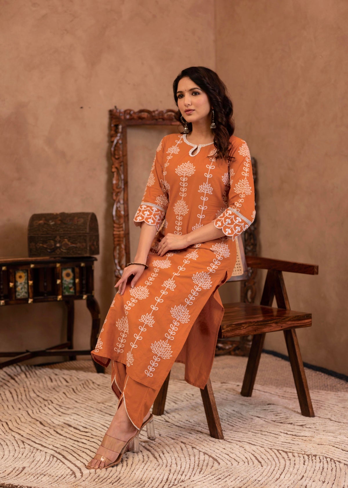 Juniper Rust Embroidered Cotton Kurta With Palazzo & Lace Details