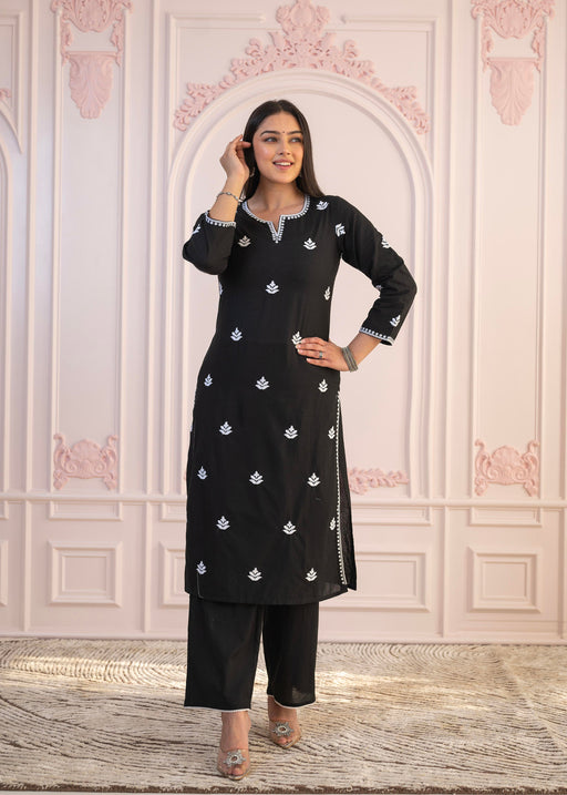 Juniper Black Floral Embroidered Cotton Slub Kurta With Palazzo