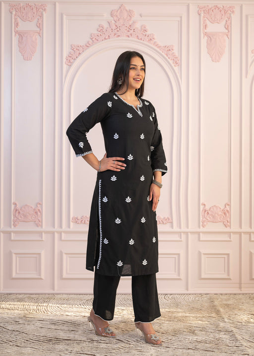Juniper Black Floral Embroidered Cotton Slub Kurta With Palazzo