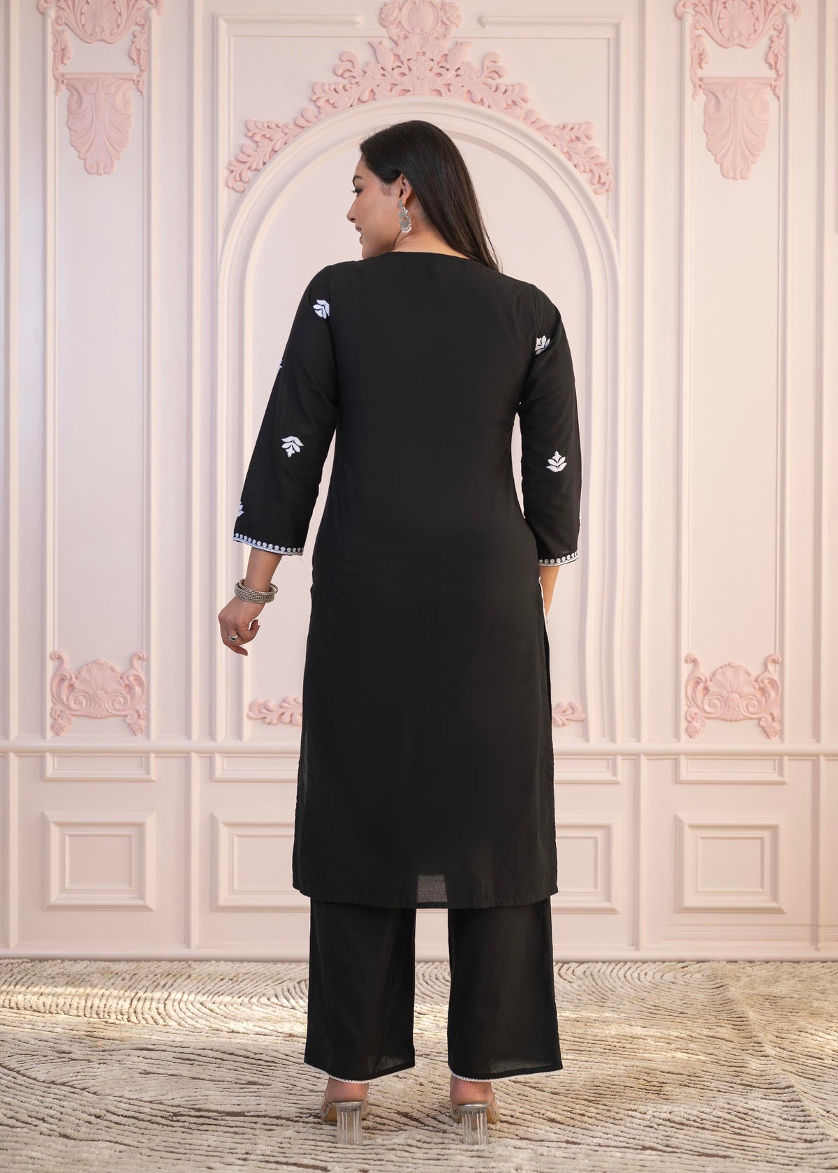 Juniper Black Floral Embroidered Cotton Slub Kurta With Palazzo