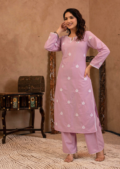 Juniper Lavender Embroidered Cotton Kurta With Palazzo