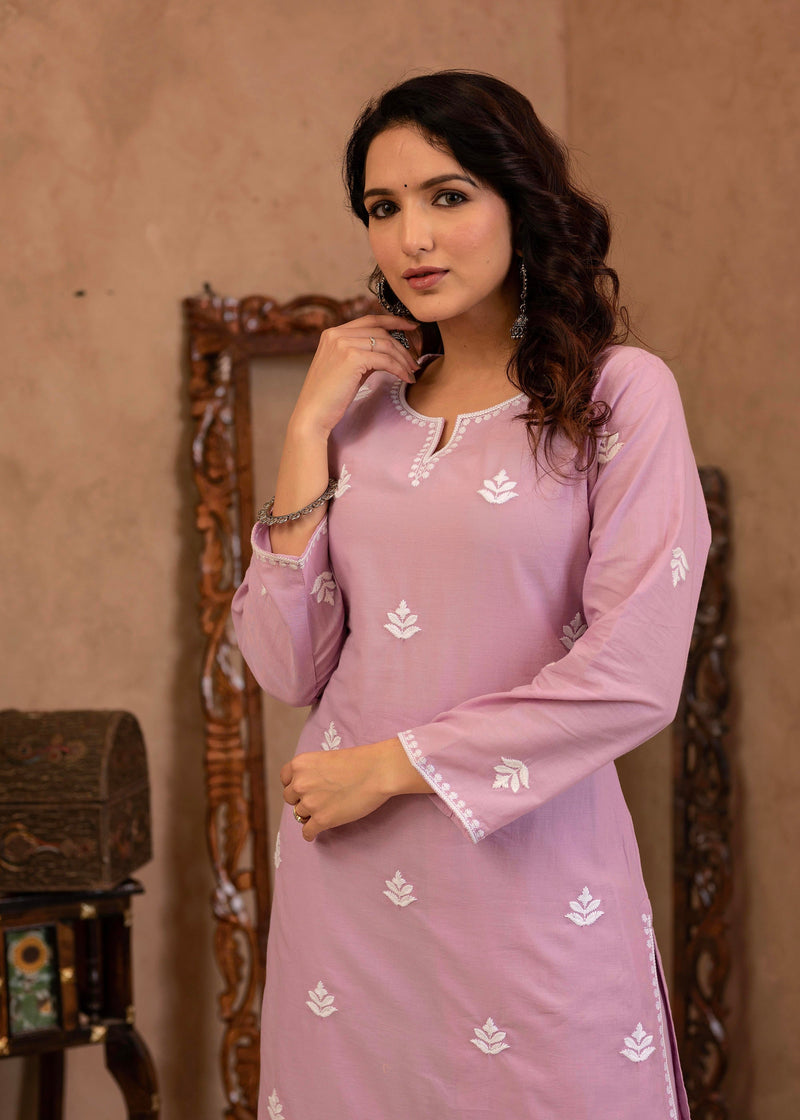Juniper Lavender Embroidered Cotton Kurta With Palazzo