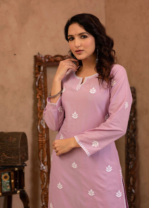 Juniper Lavender Embroidered Cotton Kurta With Palazzo