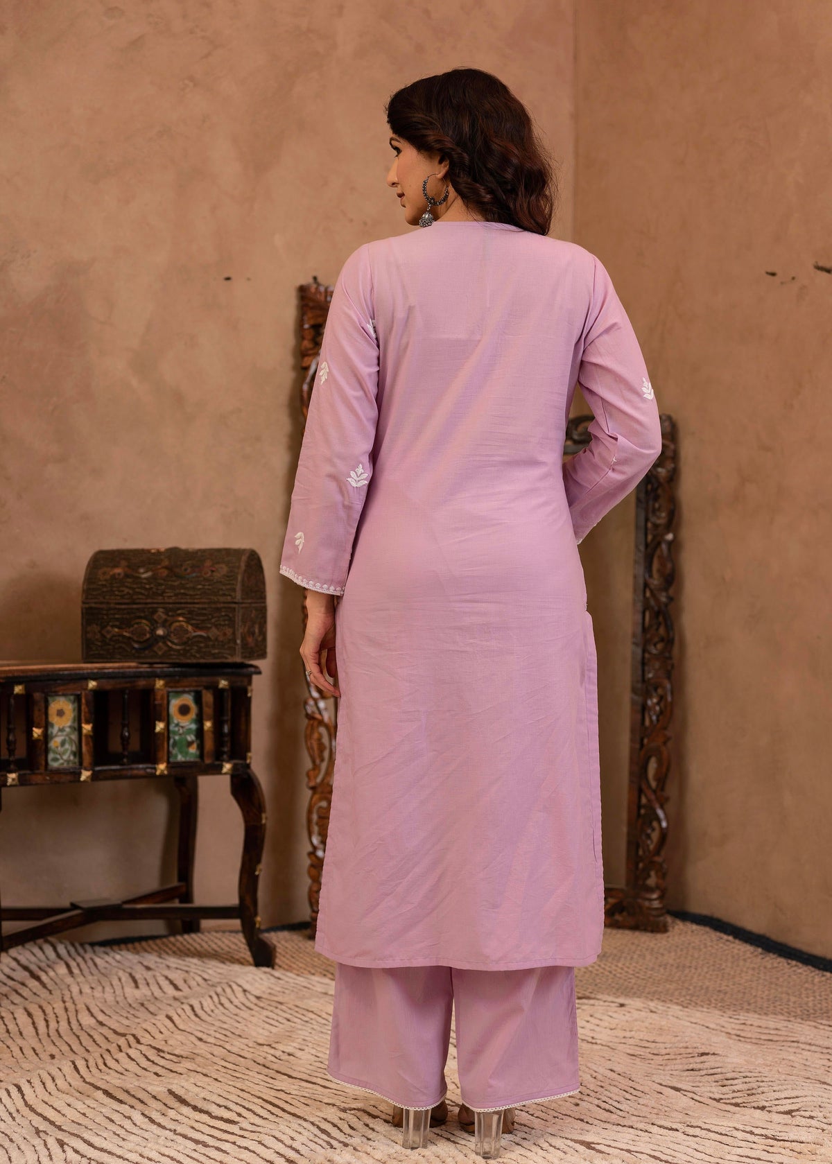 Juniper Lavender Embroidered Cotton Kurta With Palazzo