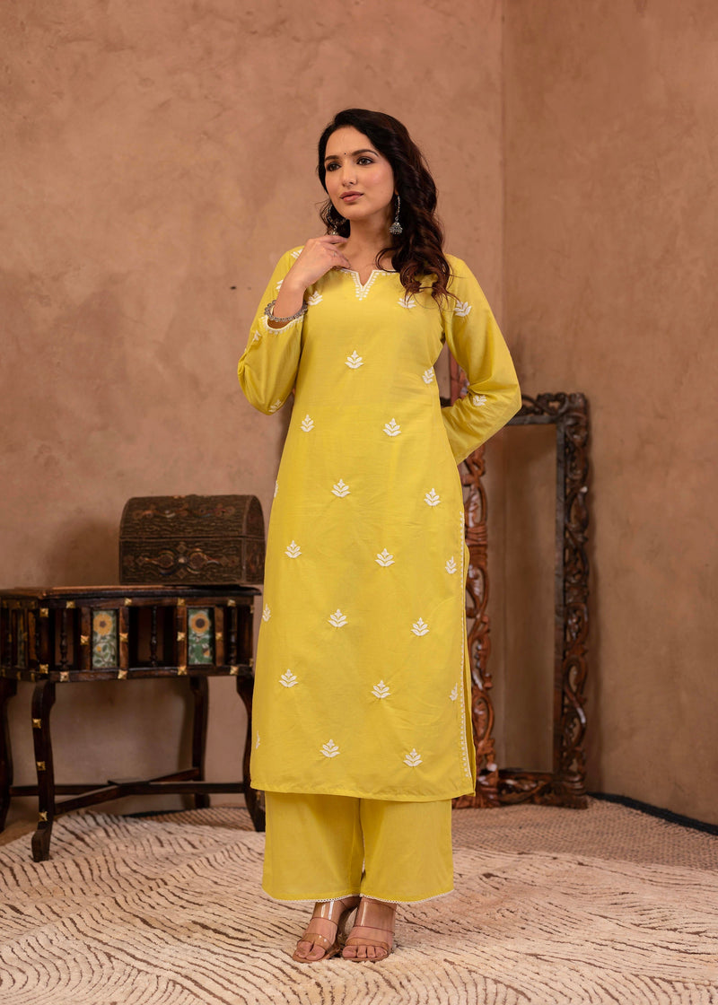 Juniper Lime Yellow Floral Embroidered Cotton Kurta With Palazzo & Lace Work