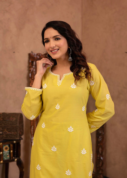 Juniper Lime Yellow Floral Embroidered Cotton Kurta With Palazzo & Lace Work