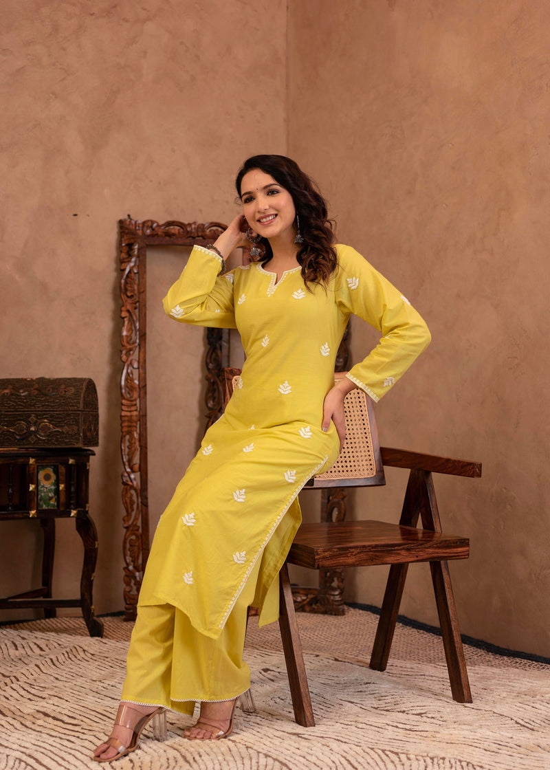 Juniper Lime Yellow Floral Embroidered Cotton Kurta With Palazzo & Lace Work