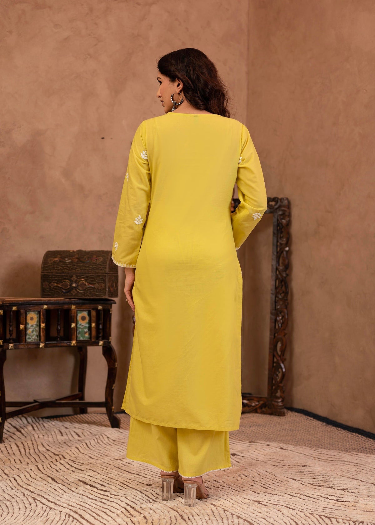 Juniper Lime Yellow Floral Embroidered Cotton Kurta With Palazzo & Lace Work