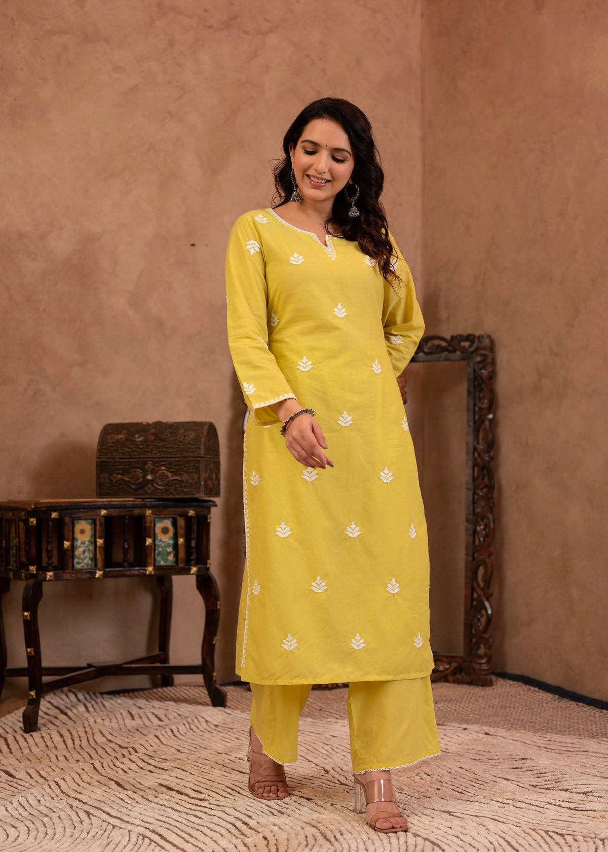 Juniper Lime Yellow Floral Embroidered Cotton Kurta With Palazzo & Lace Work