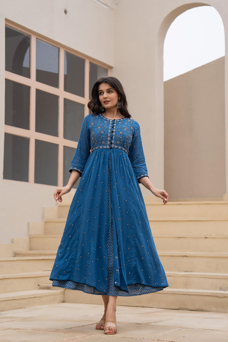 Juniper Indigo Floral Embroidered Cotton Dress With Button Closure & Cotton Lace