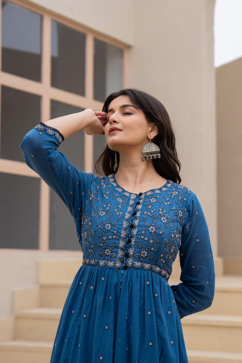 Juniper Indigo Floral Embroidered Cotton Dress With Button Closure & Cotton Lace