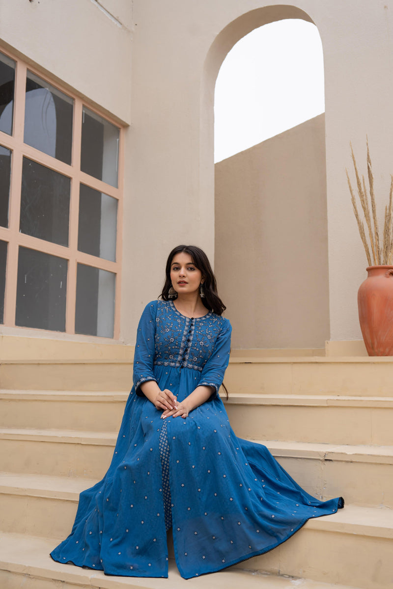 Juniper Indigo Floral Embroidered Cotton Dress With Button Closure & Cotton Lace