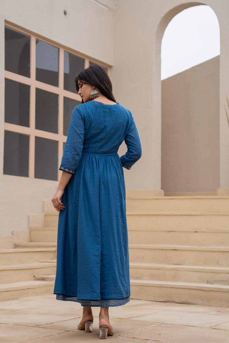 Juniper Indigo Floral Embroidered Cotton Dress With Button Closure & Cotton Lace