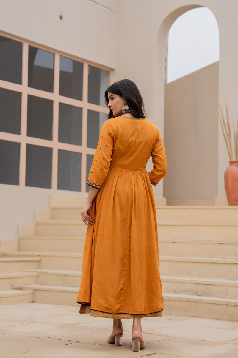 Juniper Mustard Floral Embroidered Cotton Dress With Button Closure & Cotton Lace