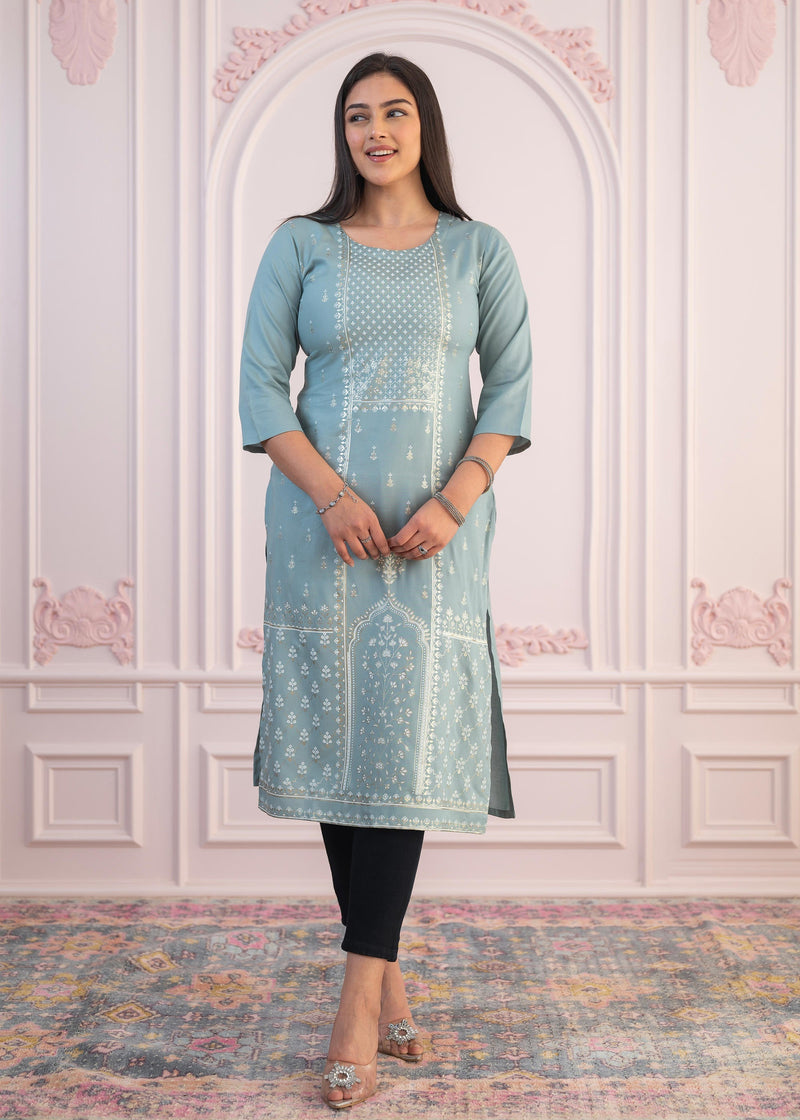 Juniper Mint Printed Viscose Straight Fit Kurta