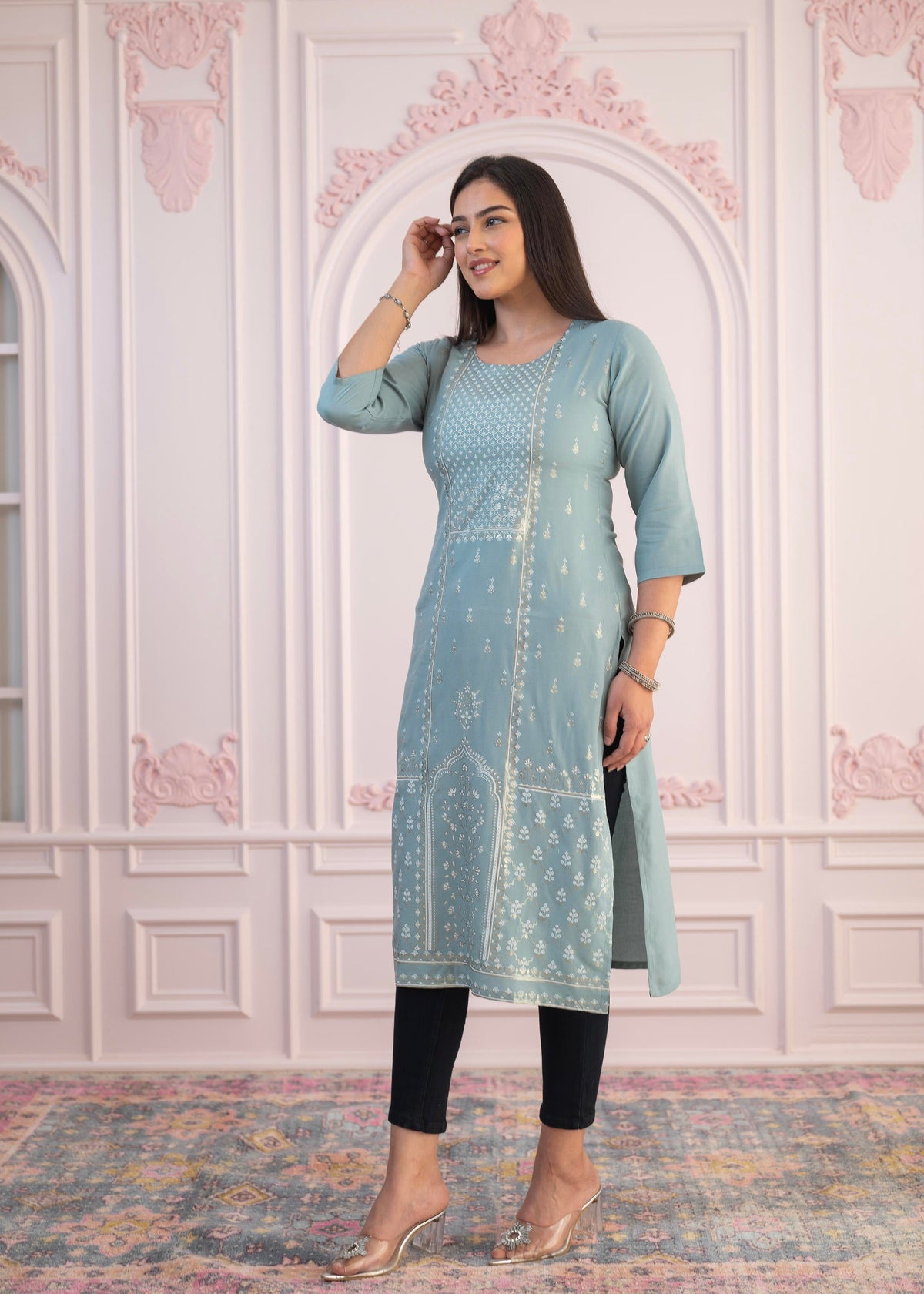 Juniper Mint Printed Viscose Straight Fit Kurta