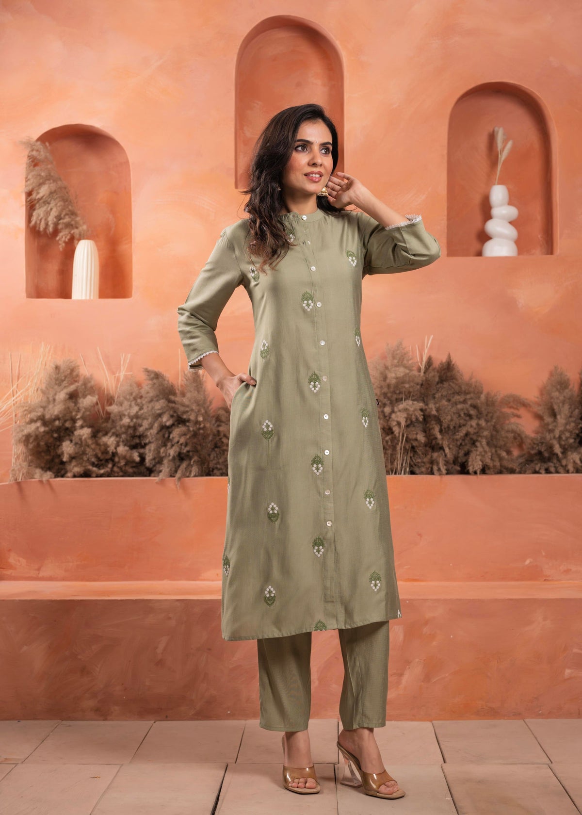 Juniper Olive Embroidered Kurta And Solid Bottom With Cotton Lace And Buttons