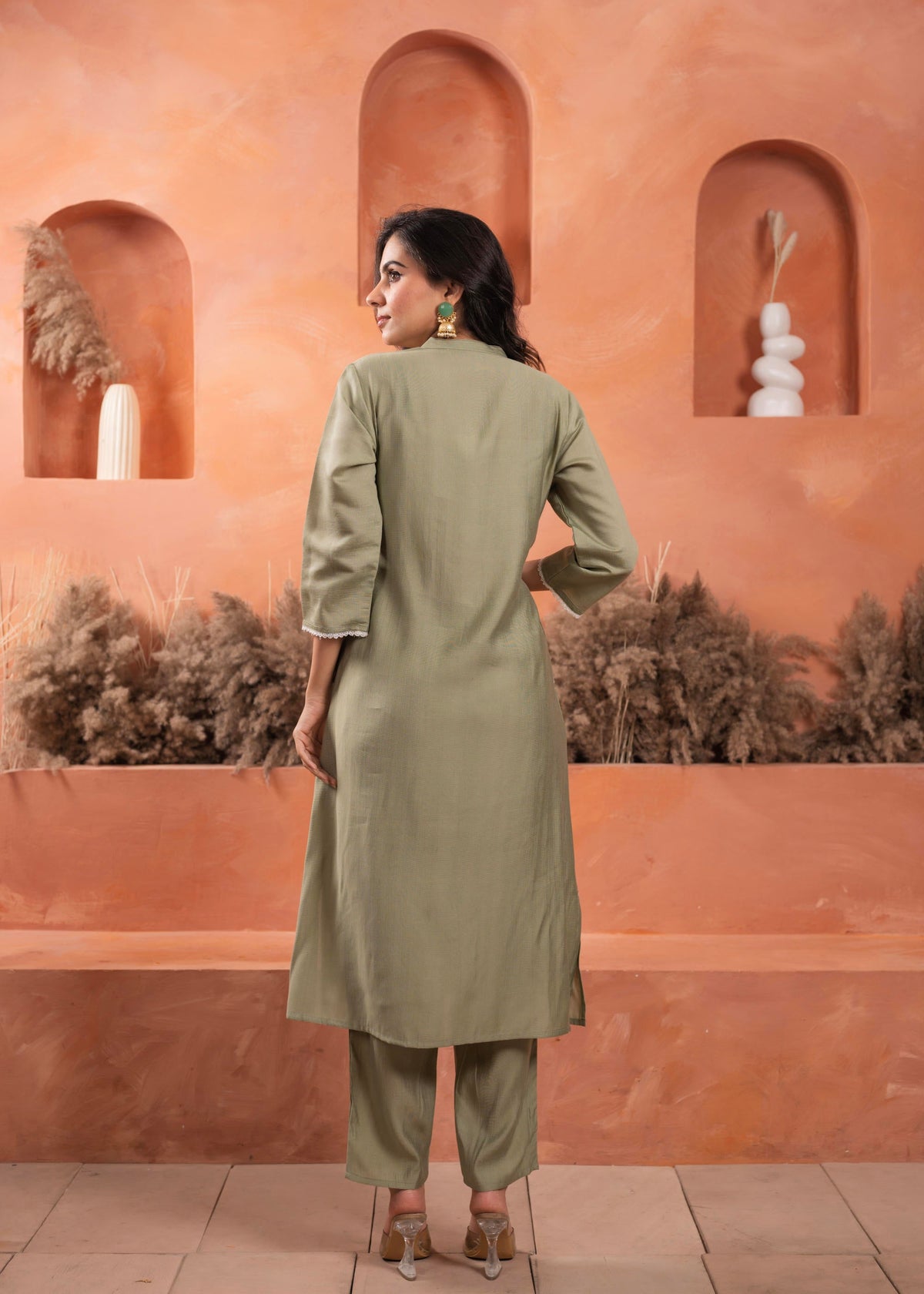 Juniper Olive Embroidered Kurta And Solid Bottom With Cotton Lace And Buttons