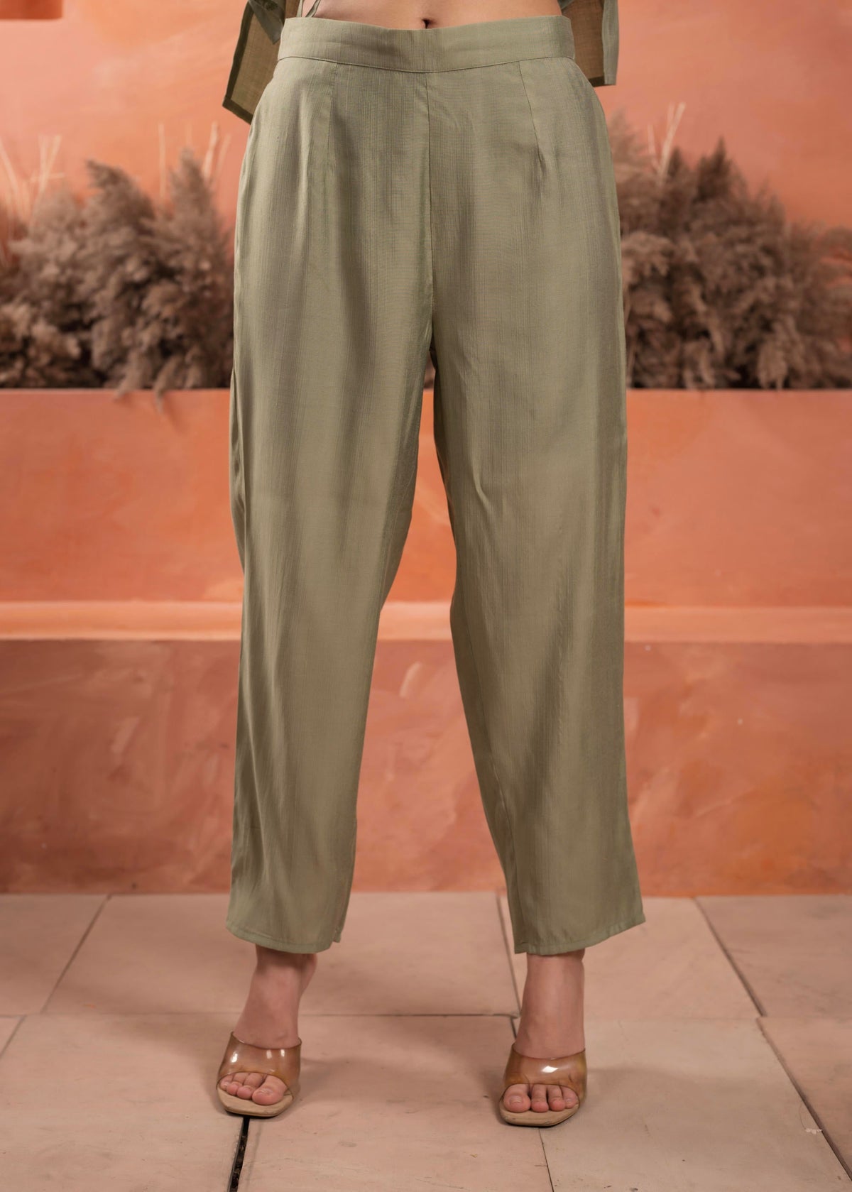 Juniper Olive Embroidered Kurta And Solid Bottom With Cotton Lace And Buttons