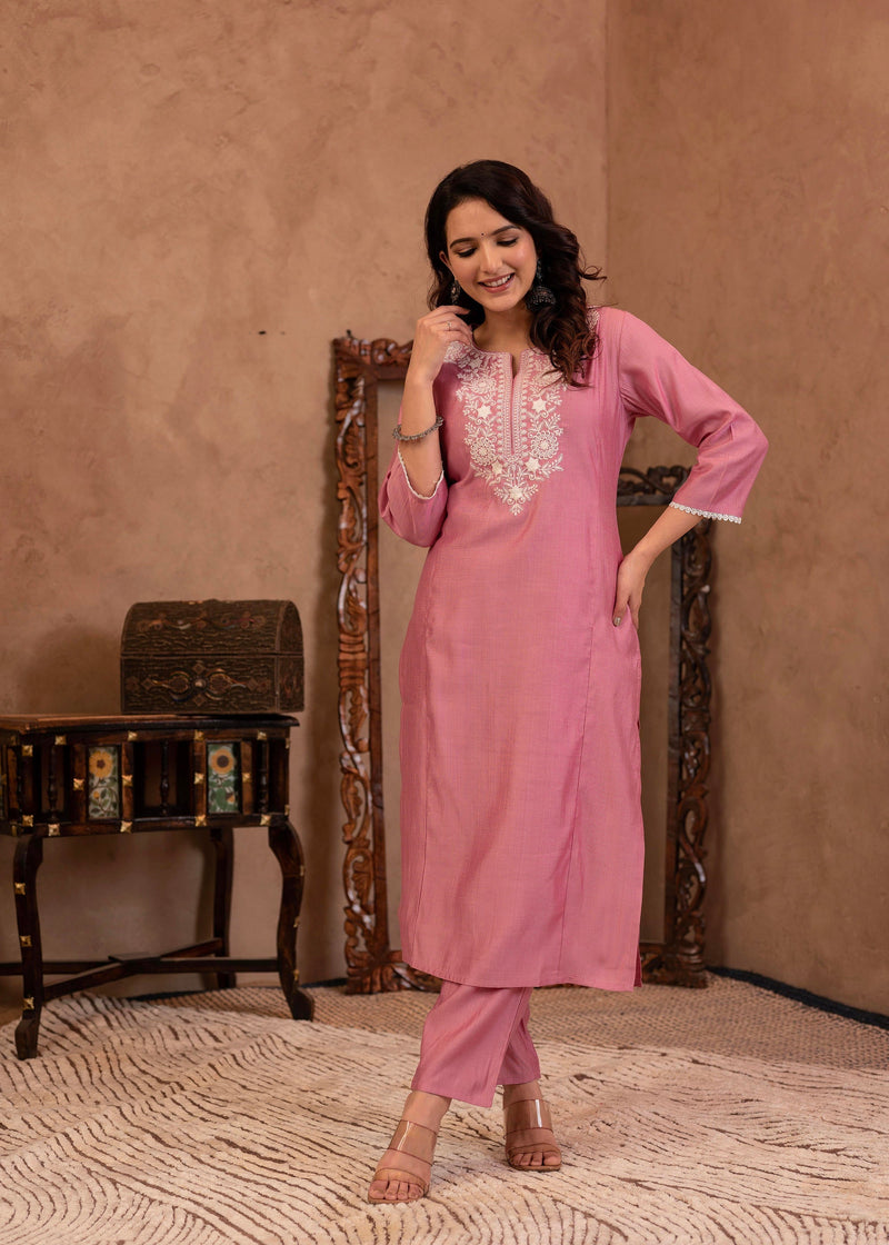 Juniper Pink Embroidered Viscose Kurta-Palazzo Set With Thread Work & Cotton Lace