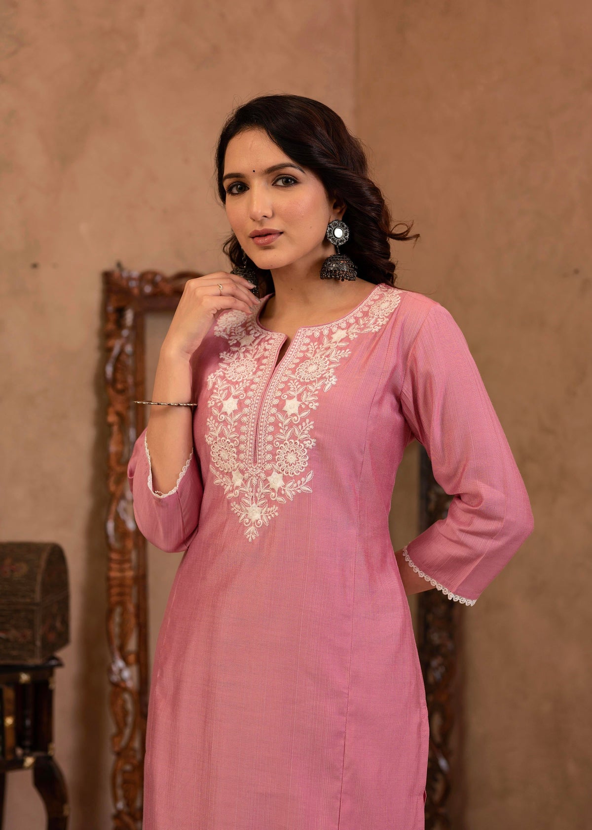 Juniper Pink Embroidered Viscose Kurta-Palazzo Set With Thread Work & Cotton Lace