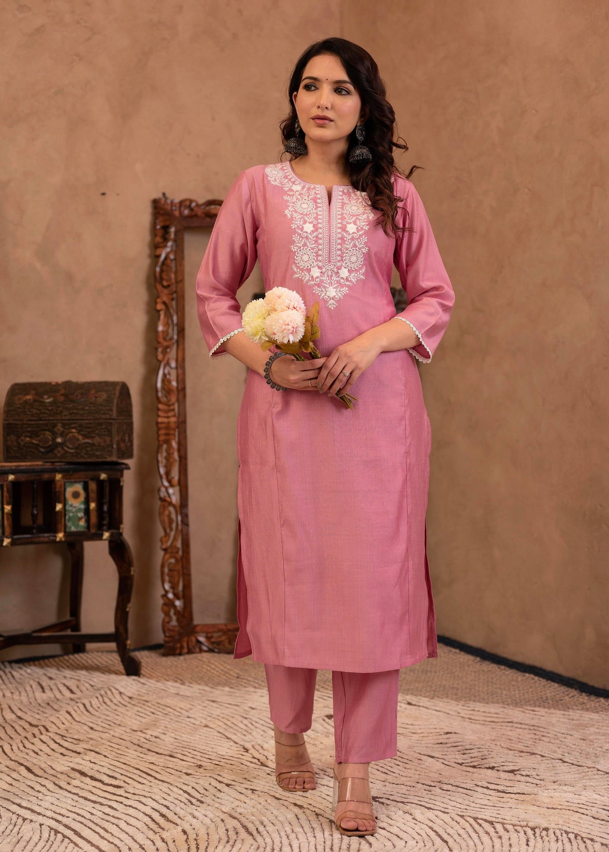 Juniper Pink Embroidered Viscose Kurta-Palazzo Set With Thread Work & Cotton Lace
