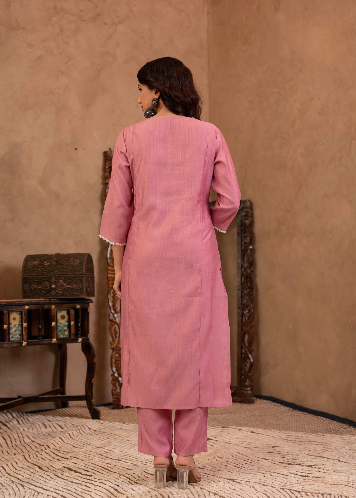 Juniper Pink Embroidered Viscose Kurta-Palazzo Set With Thread Work & Cotton Lace