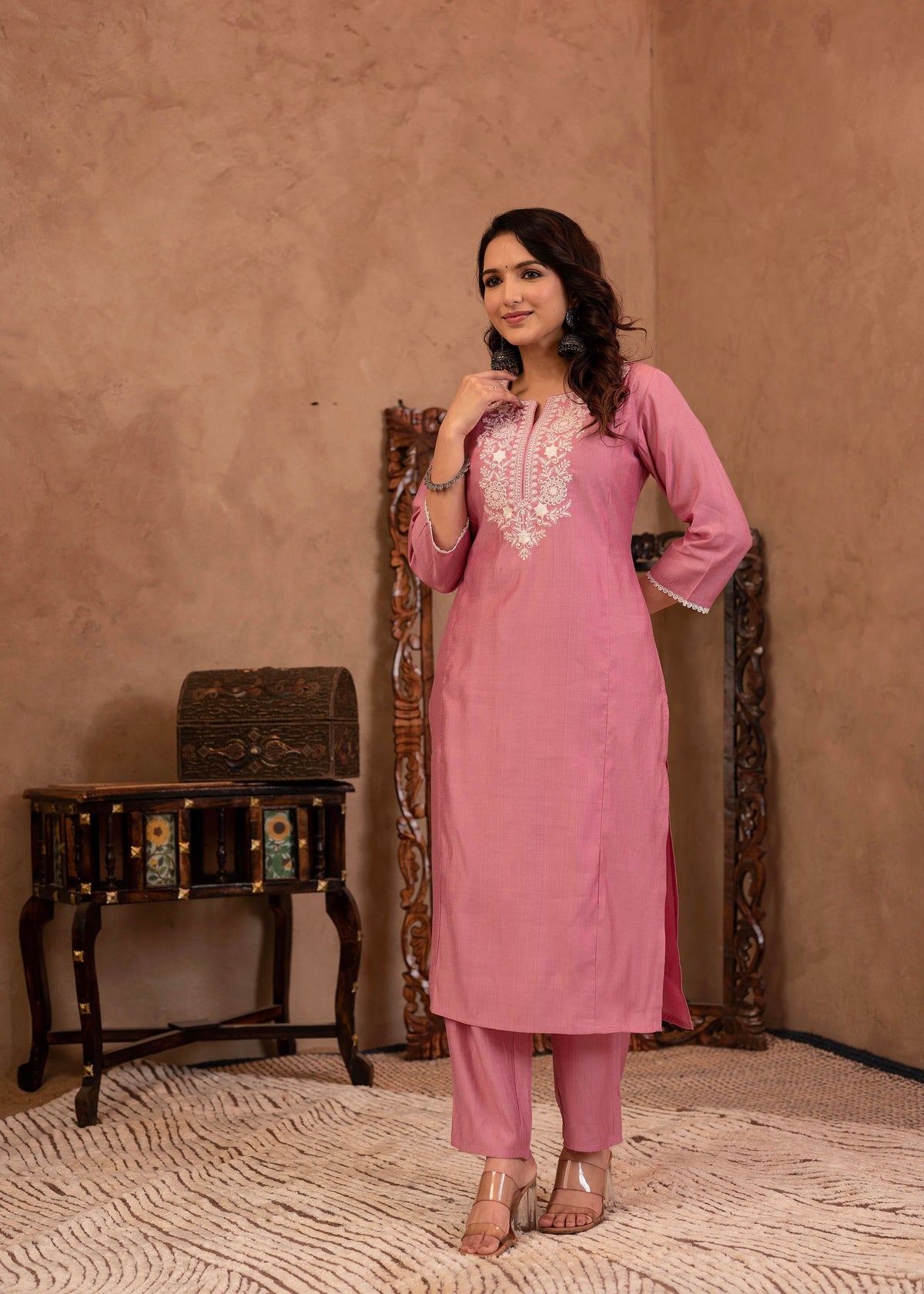 Juniper Pink Embroidered Viscose Kurta-Palazzo Set With Thread Work & Cotton Lace