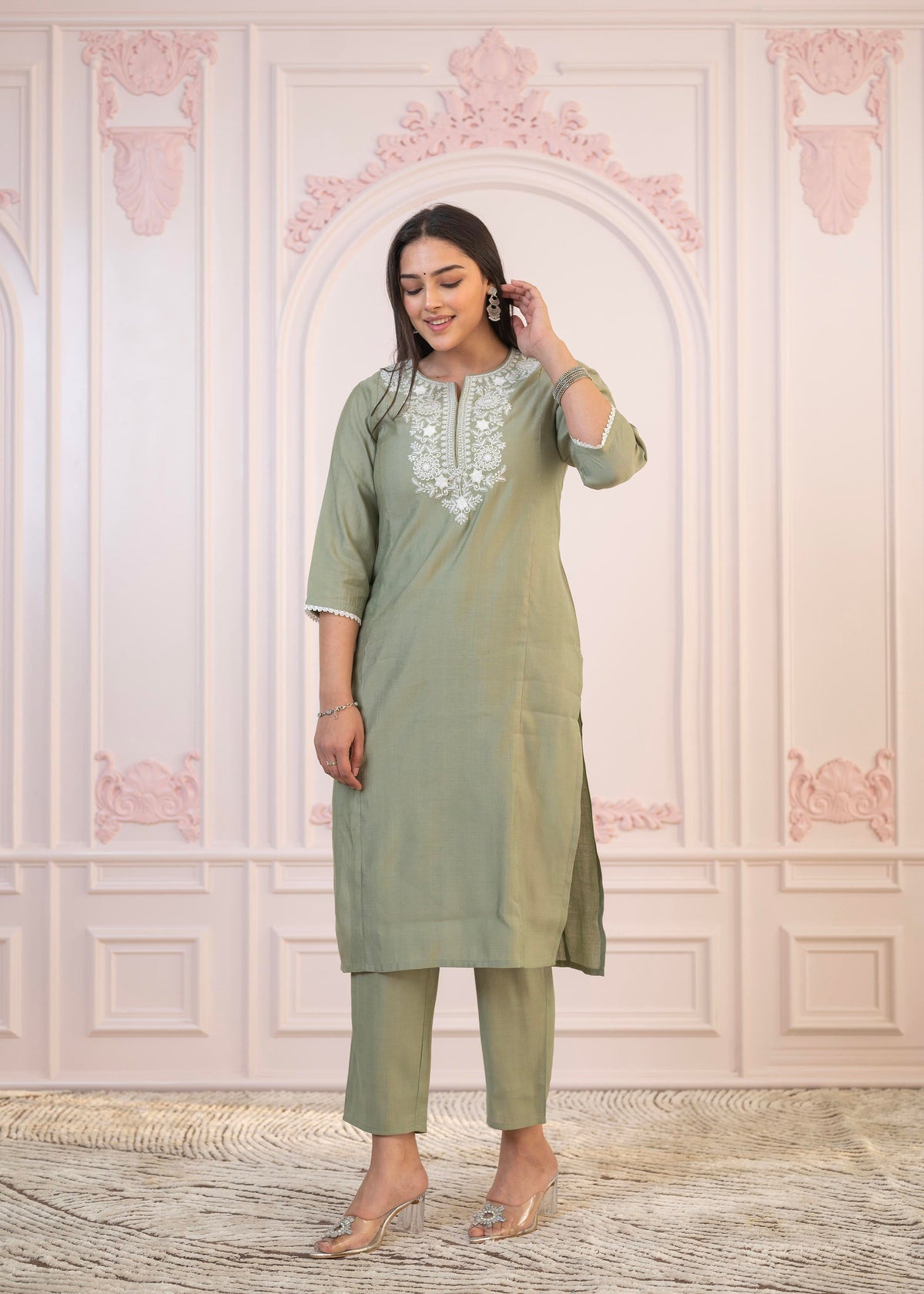 Juniper Sage Green Embroidered Viscose Kurta-Palazzo Set With Thread Work & Cotton Lace