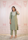Juniper Sage Green Embroidered Viscose Kurta-Palazzo Set With Thread Work & Cotton Lace