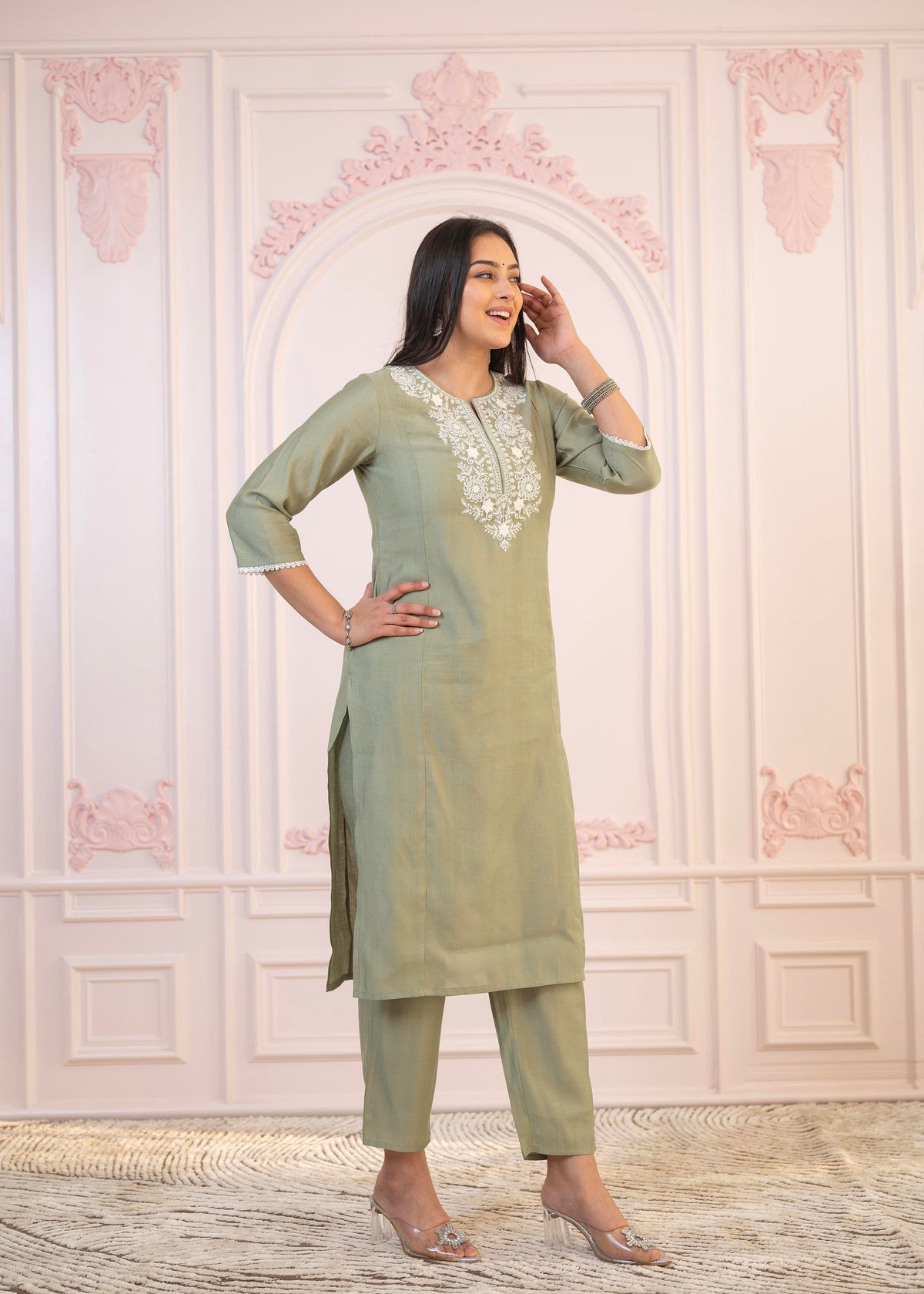 Juniper Sage Green Embroidered Viscose Kurta-Palazzo Set With Thread Work & Cotton Lace