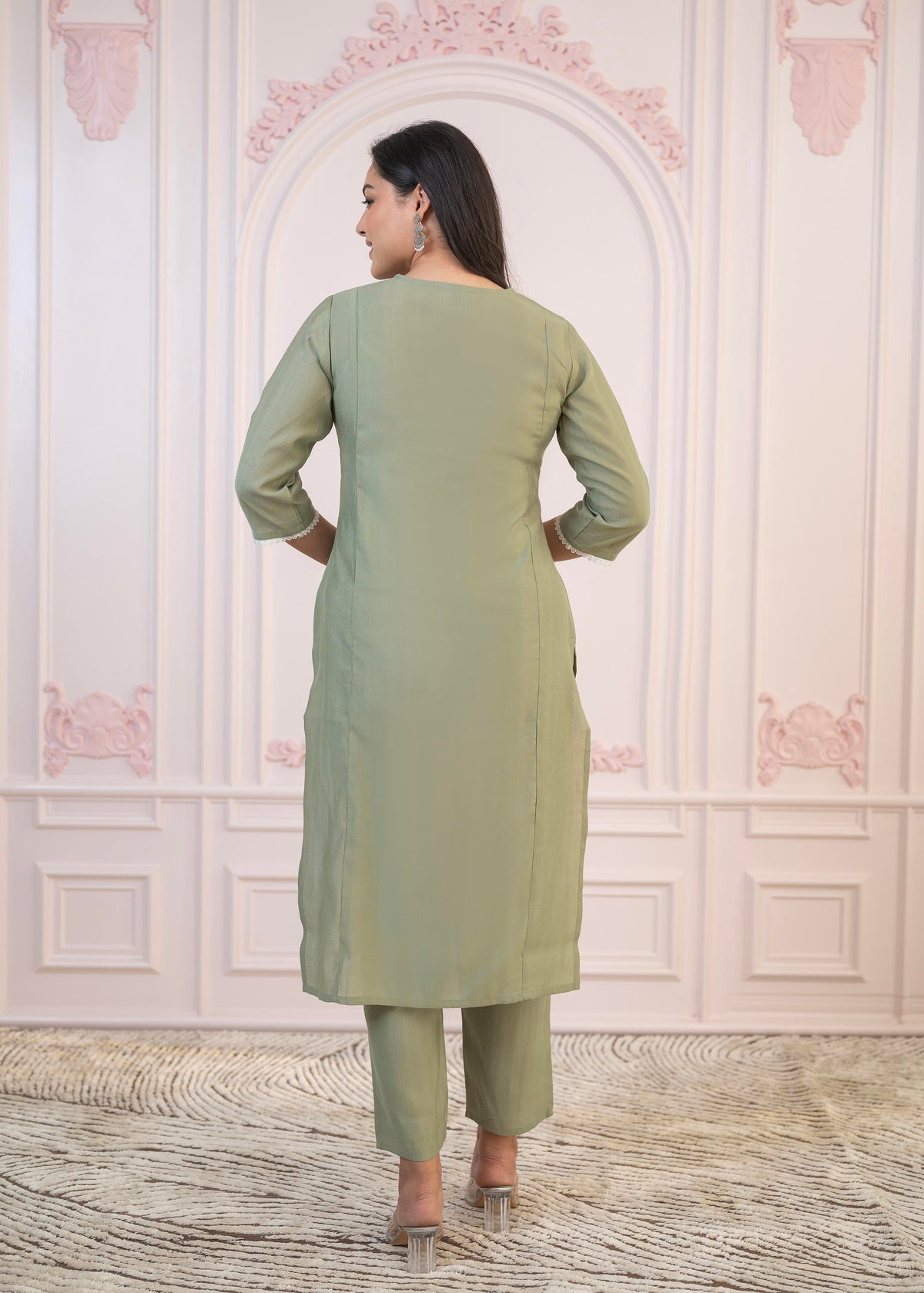Juniper Sage Green Embroidered Viscose Kurta-Palazzo Set With Thread Work & Cotton Lace