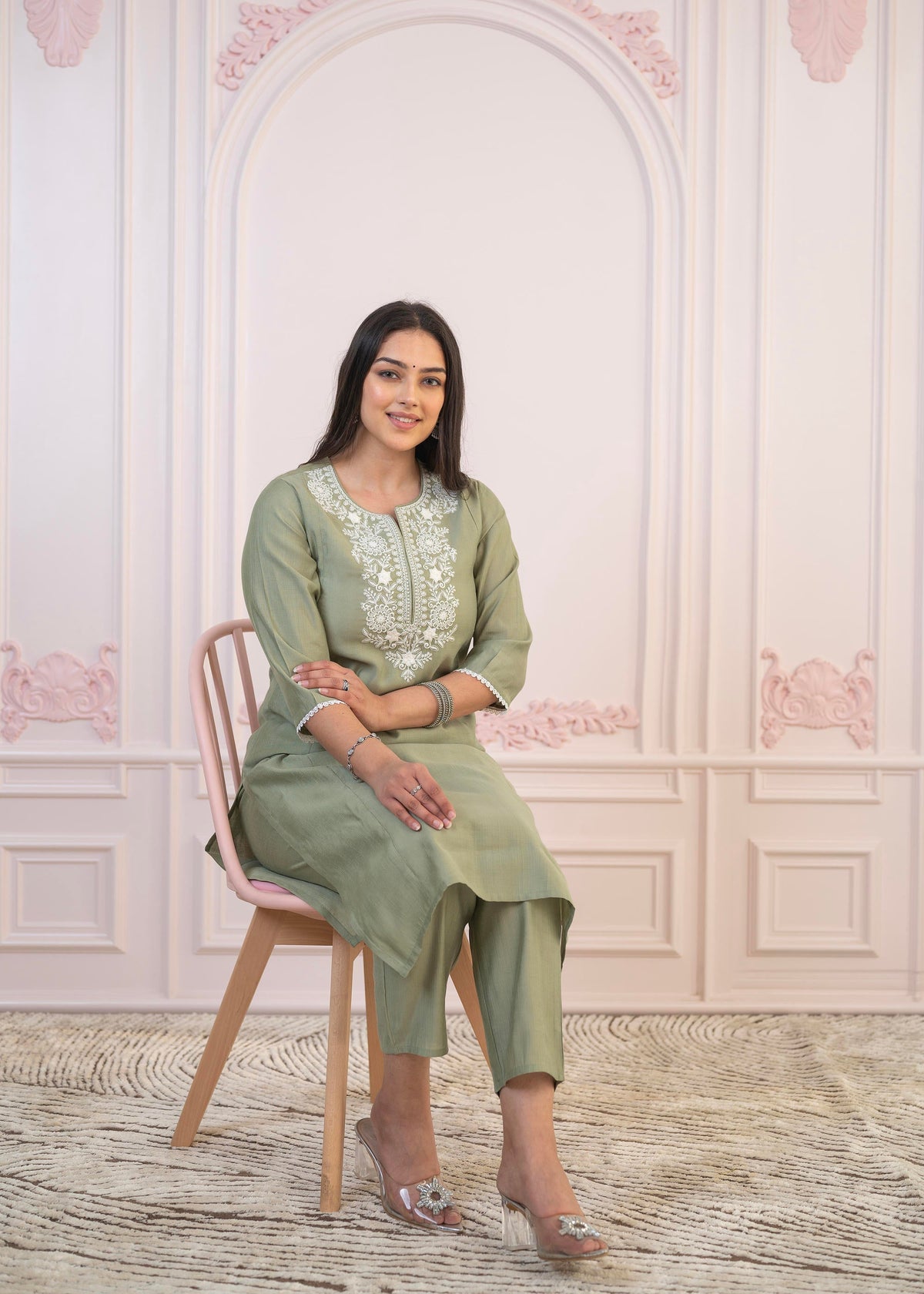 Juniper Sage Green Embroidered Viscose Kurta-Palazzo Set With Thread Work & Cotton Lace