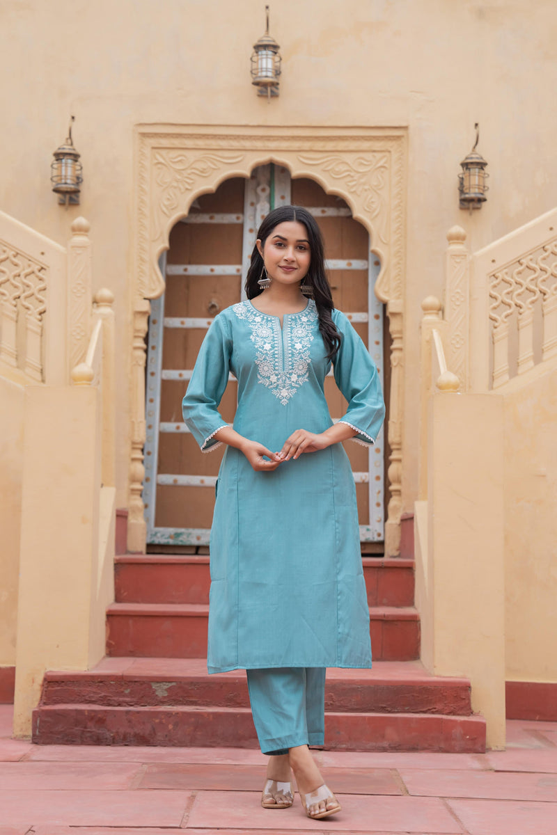 Juniper Turquoise Solid Viscose Kurta & Pant Set With Thread Work & Lace