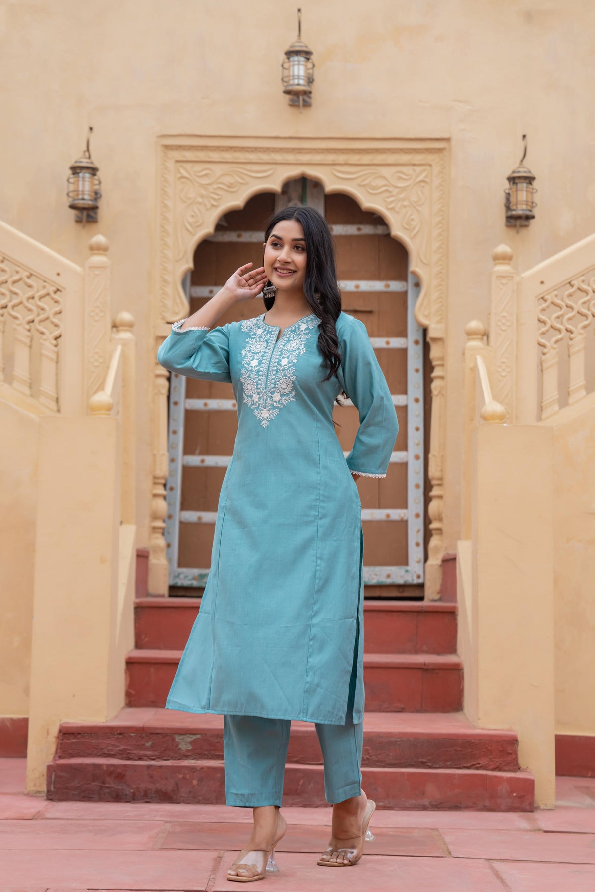 Juniper Turquoise Solid Viscose Kurta & Pant Set With Thread Work & Lace