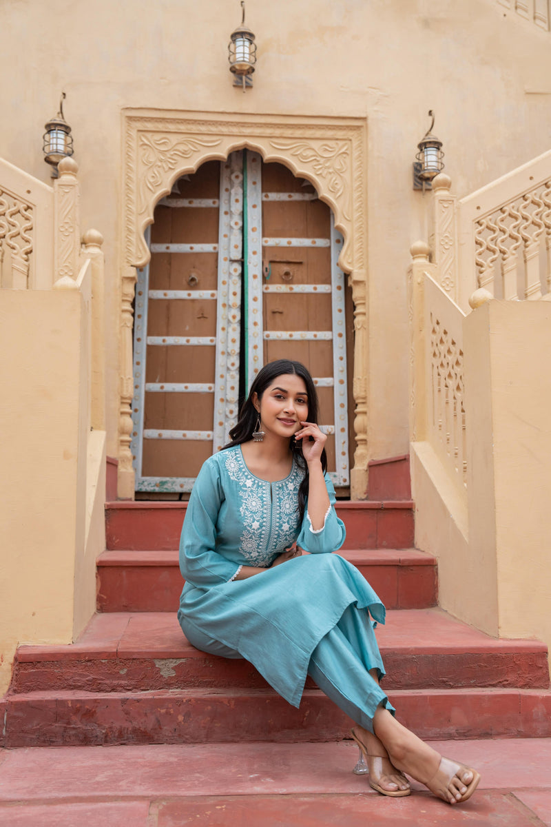 Juniper Turquoise Solid Viscose Kurta & Pant Set With Thread Work & Lace