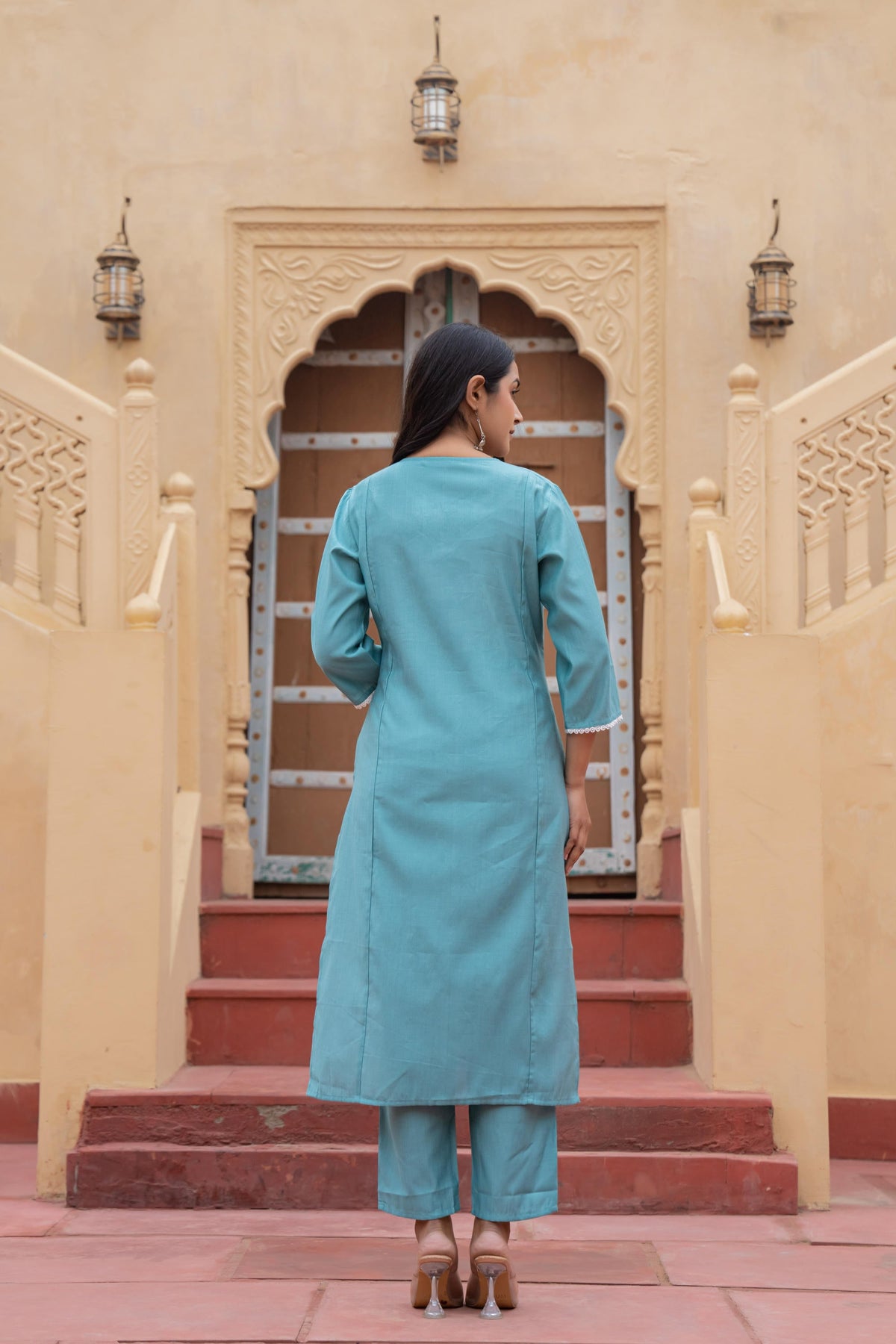 Juniper Turquoise Solid Viscose Kurta & Pant Set With Thread Work & Lace