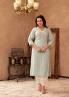 Juniper Aqua Viscose Kurta & Pant Set With Thread Work & Lace