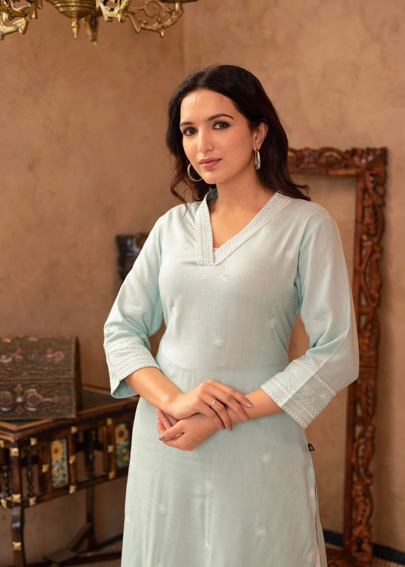 Juniper Aqua Viscose Kurta & Pant Set With Thread Work & Lace