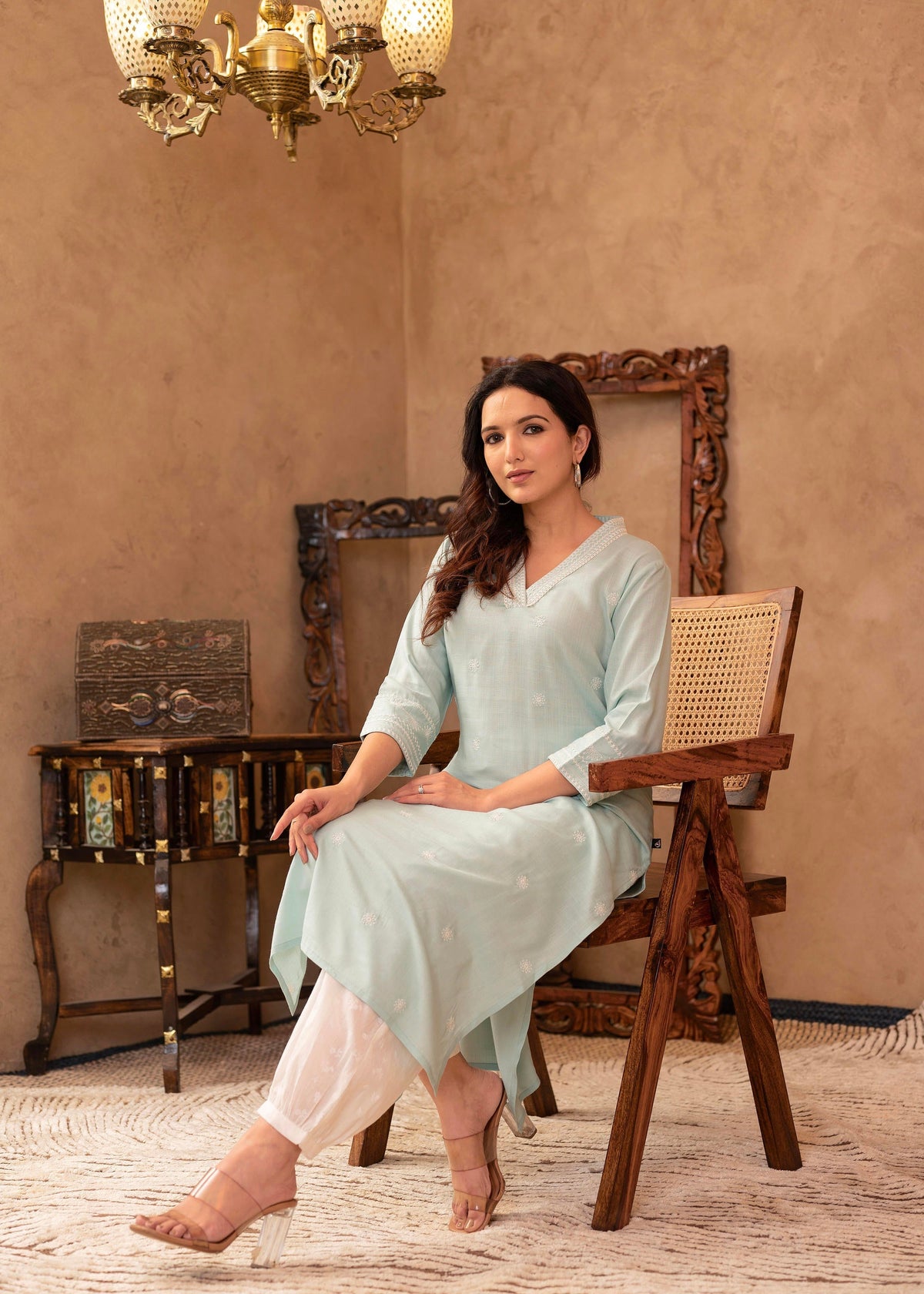 Juniper Aqua Viscose Kurta & Pant Set With Thread Work & Lace