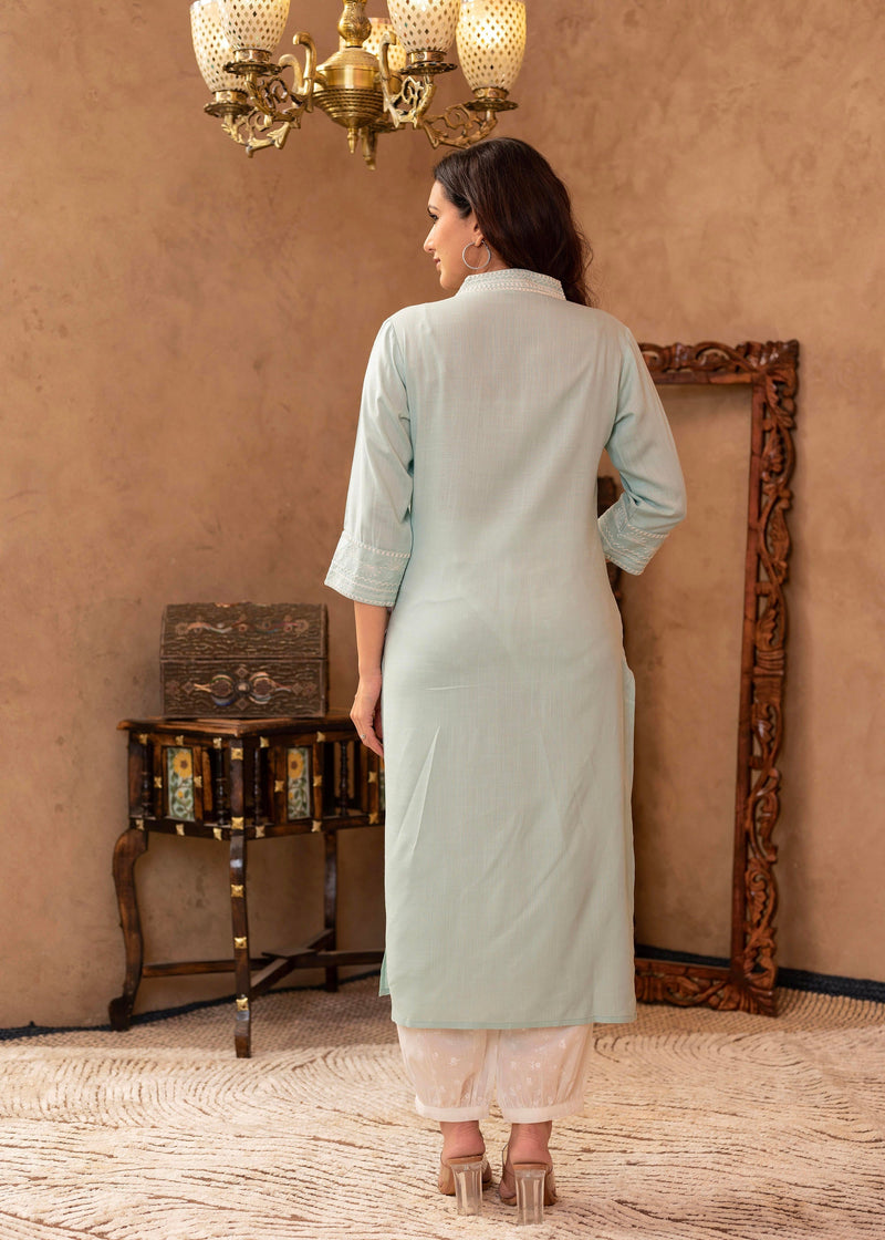 Juniper Aqua Viscose Kurta & Pant Set With Thread Work & Lace