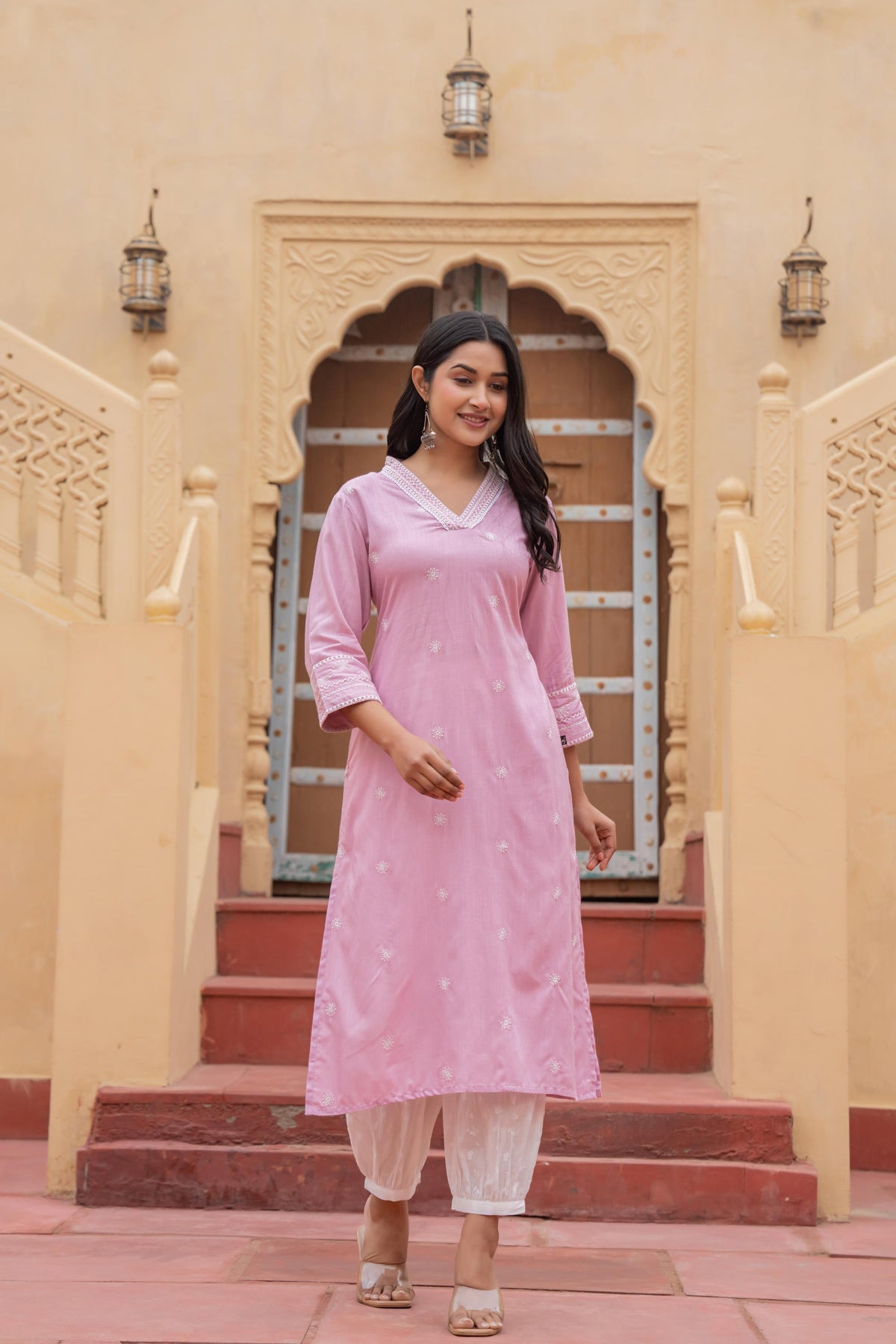 Juniper Pink Embroidered Viscose Kurta With Printed Cotton Pant